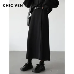CHIC VEN Women's Skirts Loose High Waist Pleated Straight Tube Skirt Slit Black Female Clothes Office Lady Autumn Winter 2024