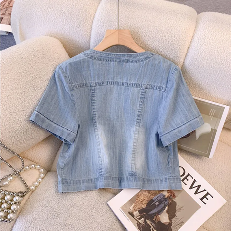 UHYTGF Short-Sleeved Denim Jacket Womens 2023 O Neck Summer Jeans Shirt Female Single Breasted Casual Short Thin Top Ladies 2605