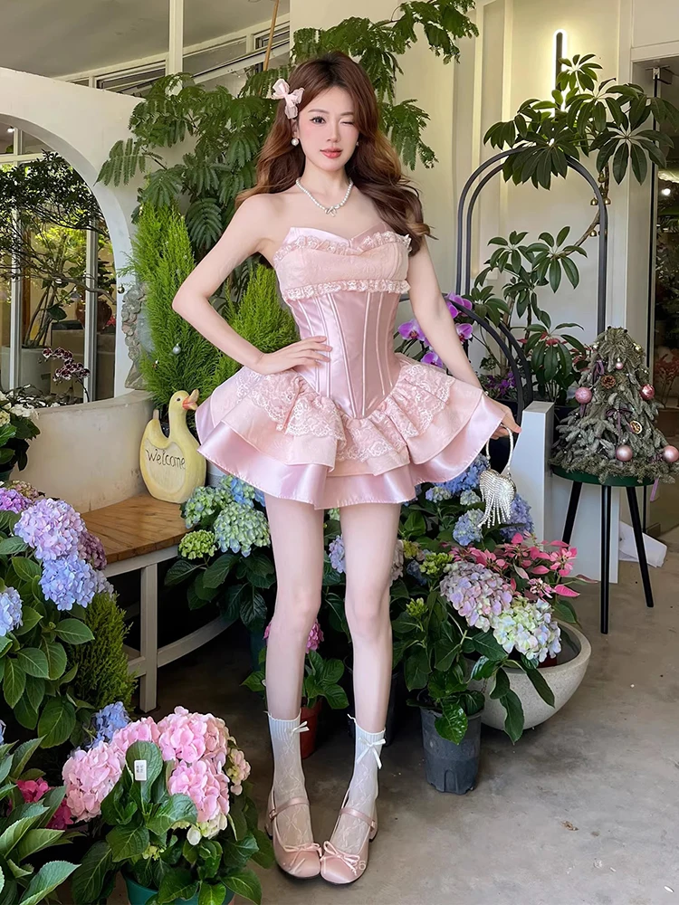 REDDACHiC Coquette Strapless Lolita OP Summer Stitch Lace Trim Satin Boned Corset Layered Ruffle Mini Party Dress Woman Clothes