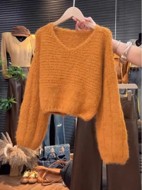 

Autumn Winter Women's V-ne ort Loose Knitted Sweater Lantern Sve Faionable Cute Top Warm Thermal Cotton Material