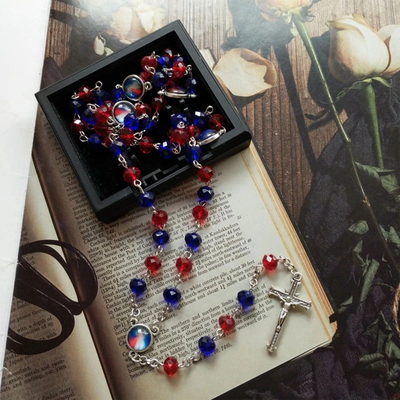 Catholic Beads Red & Blue Crystal Rosary Necklace Holy Medal & Cross Pendant Favors for Baptism Communion Weddings Wholesale