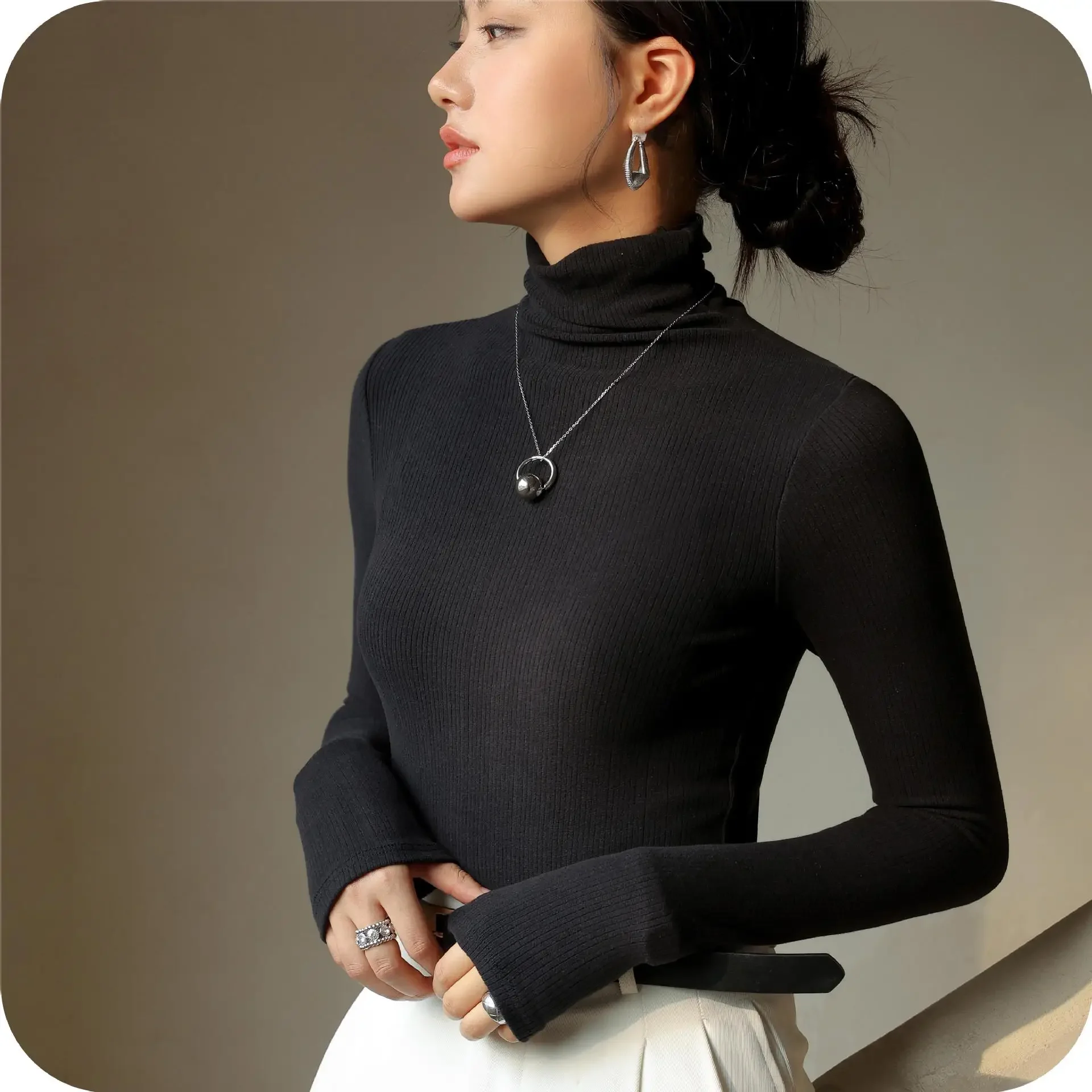 YSZWDBLX Turtleneck Women T-shirt Long Sleeve Velvet Warm Inner Wear Autumn Winter Fashion Korean Slim Fit Lady Bottoming Shirt