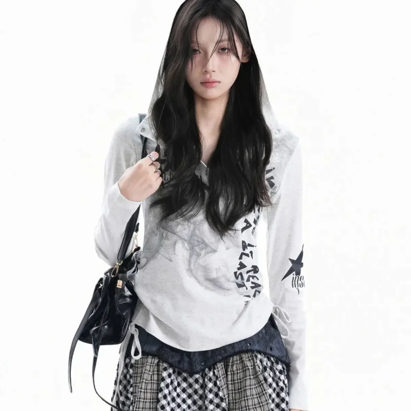 American Retro Graffiti Print Hooded T-shirt Women Bandage Drawstring Slim Fit Tops Autumn Y2k Aesthetic Street Tees