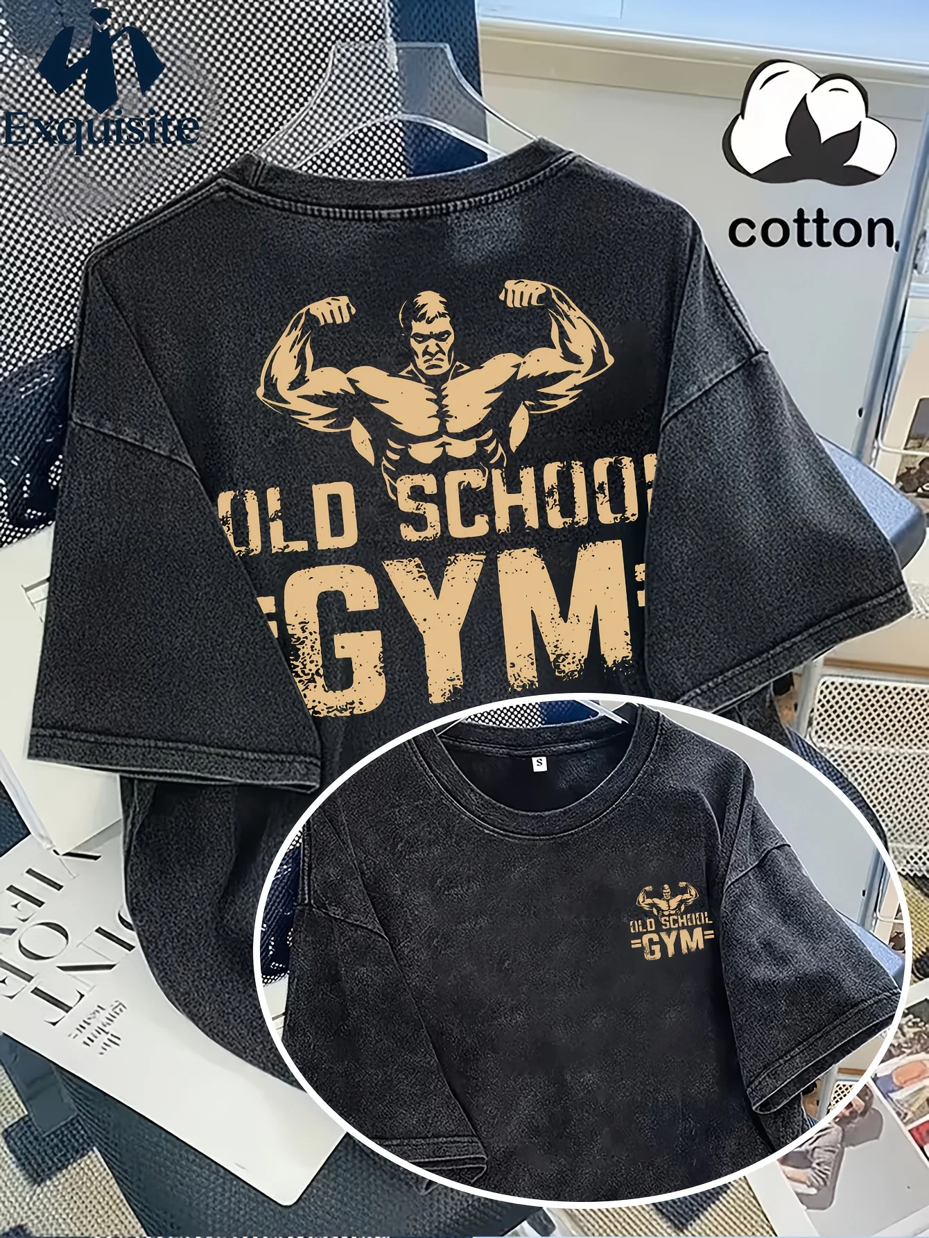 Men's Vintage Washed T-Shirt Old School Gym Bodybuilding Print 100% Cotton Oversized Short Sleeve Workout Tee Streetwear Tops