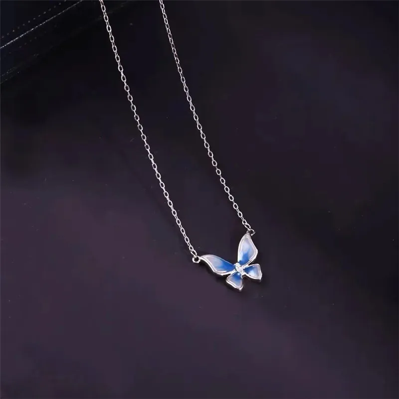 

French Enamel Gradient Blue Butterfly Pendant Necklace For Women S925 Silver Electroplated Gold Birthday Gift Jewelry