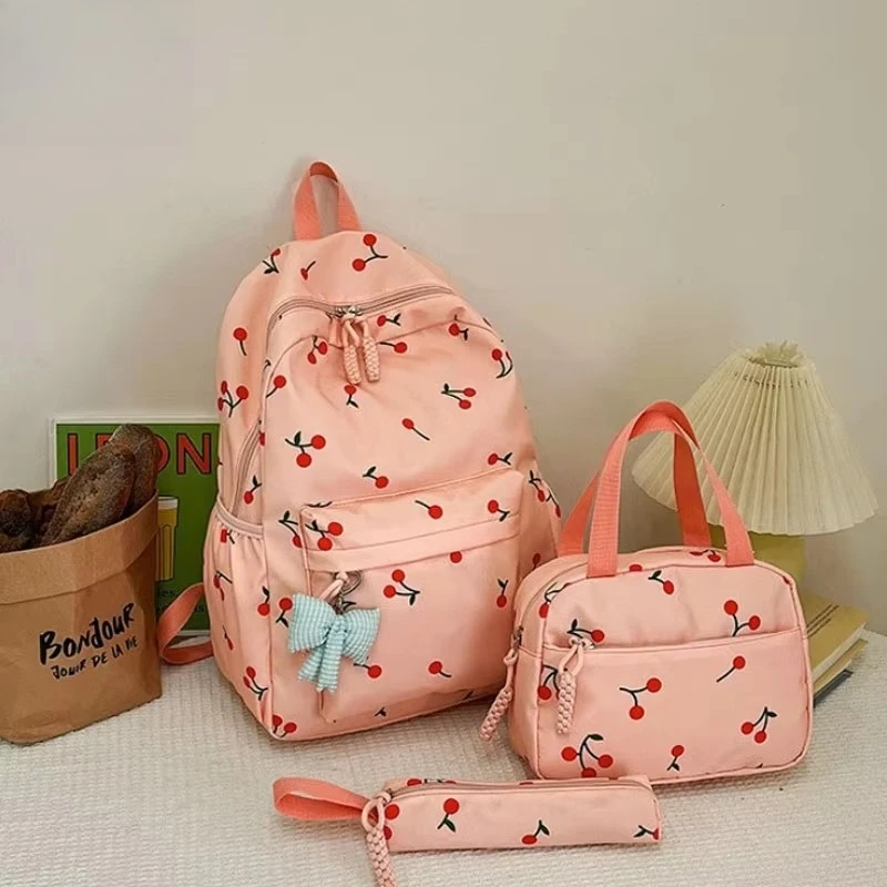 3 Pcs/Set Luxury Backpacks Large Capacity Cherry Backpack Fashion Nylon Schoolbag Lightweight Adjustable Strap Travel Backpack