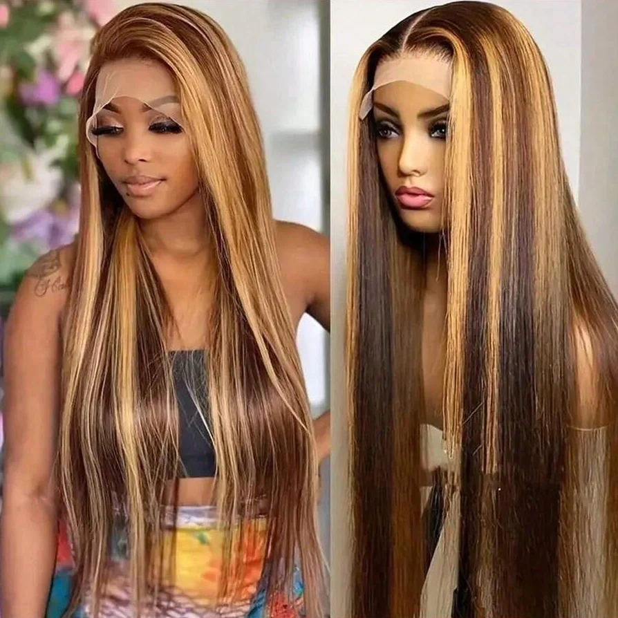 

Женские парики Цветные 4/27 Выделите Прямой парик из человеческих волос Предварительно выщипанные с детскими волосами 16-34 дюймов Длинные бразильские волосы Парик шнурка 13x4