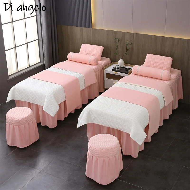 

Knitted Jacquard Bedding Set for Beauty Salon, Bed Sheet, Massage Spa Bedskirt, Stoolcover, Quilt Cover, Custom Logo # S, 4-7Pcs