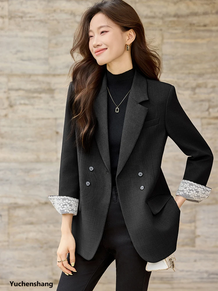 Beżowo-szaro-czarna damska marynarka casual damska luźna kurtka jesienno-zimowa