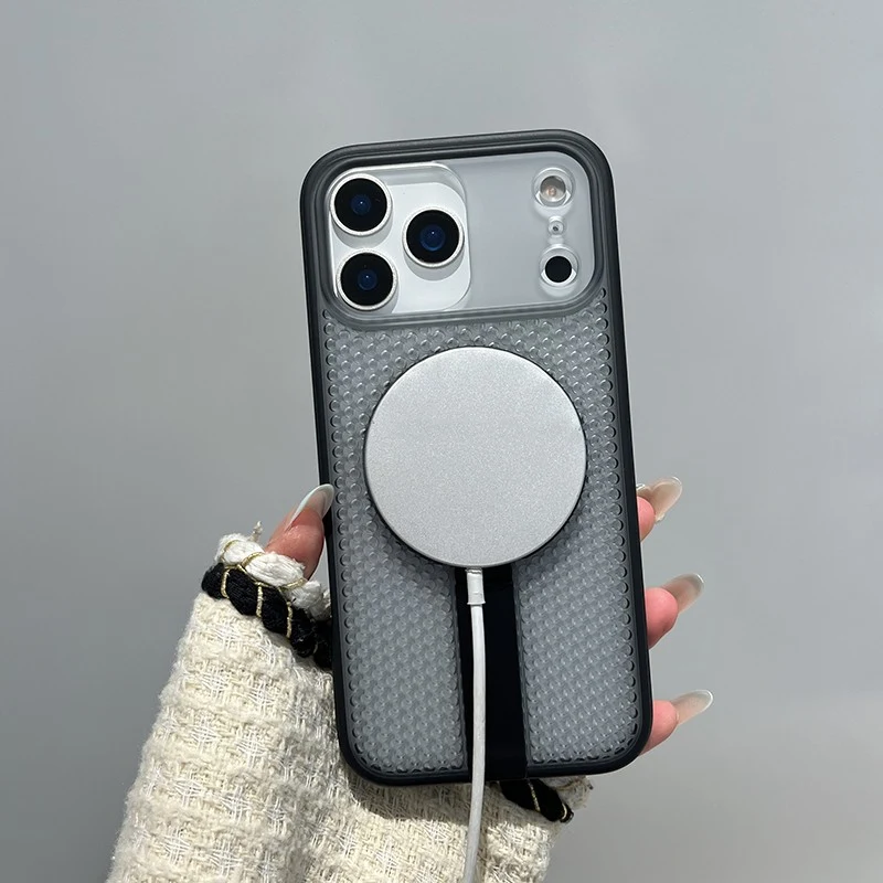 Suporte de metal magnético caso de telefone para iphone 17 17pro max 15 16 14 13 oco favo de mel malha carregamento sem fio borda macia pc capa