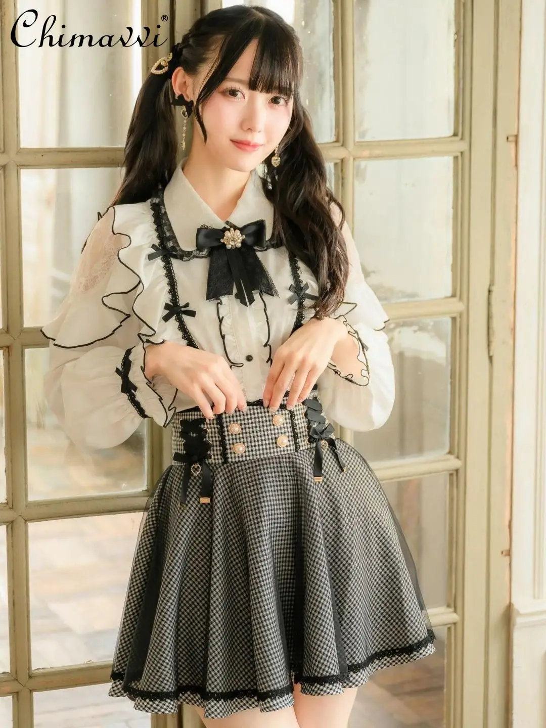 Ribbon Lace Pleated Pearl Buckle Lolita Skirts Japanese Mine Sweet Bow High Waist Short Kawaii Girls Women Short Y2k Skirt