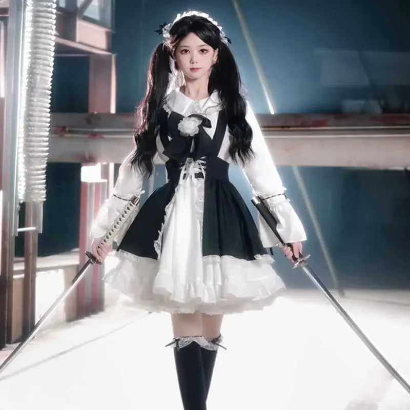 Blowing Pussy Maid Dress Cosplay Black and White Japanese Long Sleeve Lolita  Maid Dress Cute   Loose