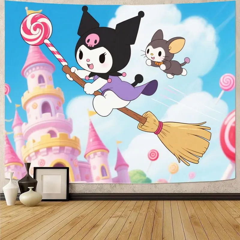 

1 шт. Sanrio Kuromi Kawaii гобелен с ведьмой и мышью, розовый замок, леденец, настенное искусство, полиэстер, декор для спальни, общежития, подарок для девочек