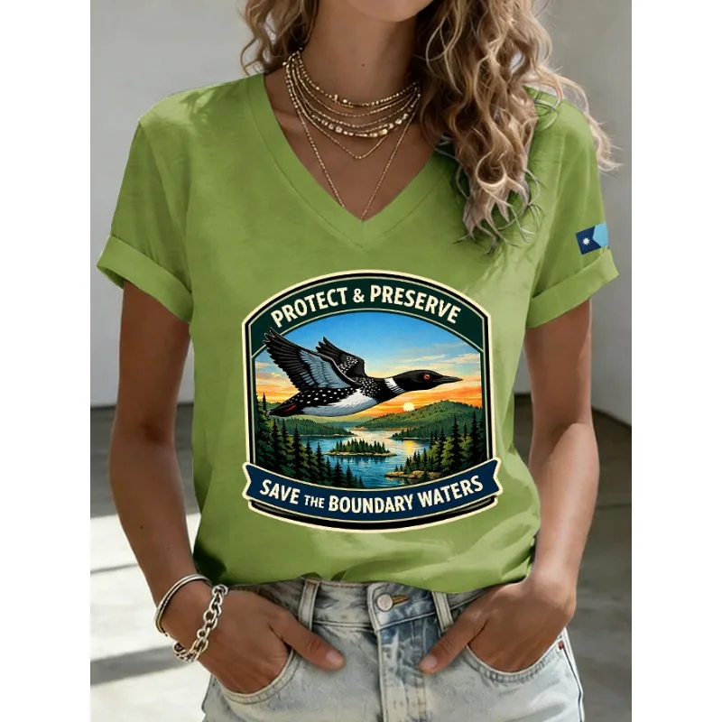 ilstile Women's Save The Boundary Waters Print T-Shirts Summer Short Sleeve Casual V Neck Tops Black White Blue Green Tees NEW