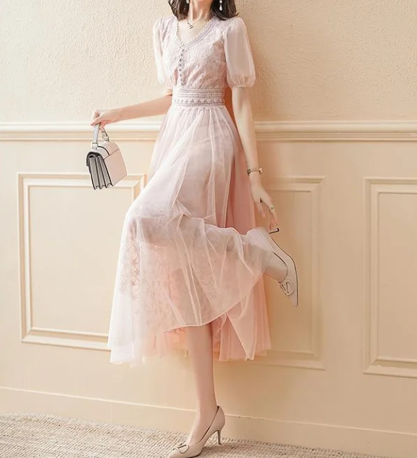 

Women's French Mesh Dress for Spring Summer Latest 2025 High-End Sophisticated Showing Off The Slender Long Skirt of Socialites