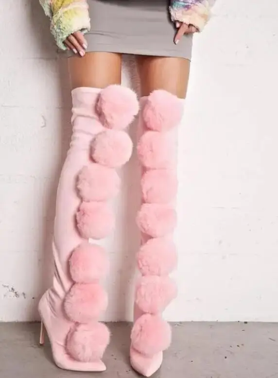 Sweet Pink Furball Botas Women Pom Pom Over The Knee Boots Stretch Suede Boots Sexy Pointy Toe Slip On Ladies High Heel Boots - view 5