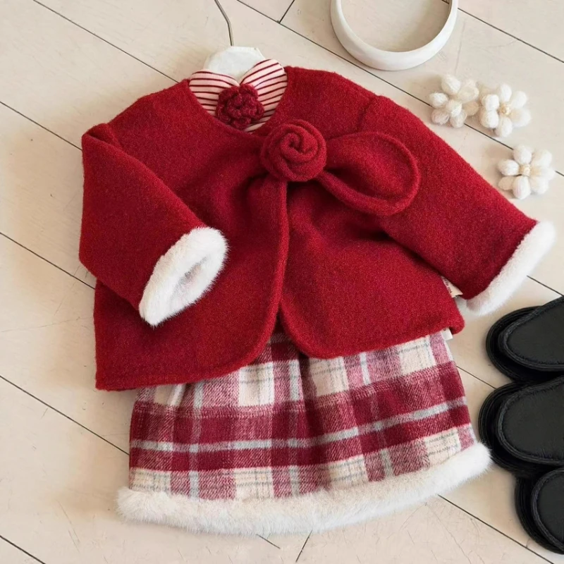 2025 New Year's New Hot Selling Girls' Elegant Striped Interior and Checkered Woolen Half Skirt and Coat Set
