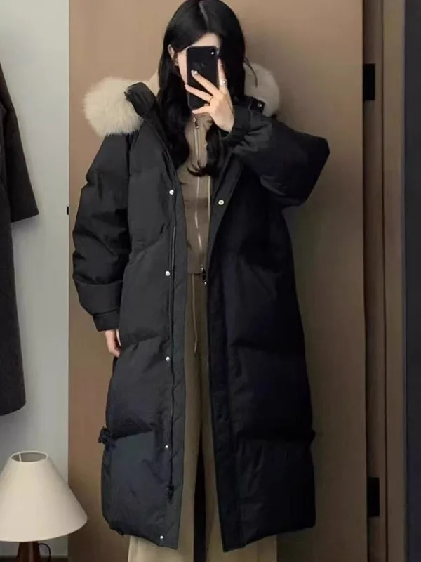 

Thiened Warm Cotton Jaet Hooded Mid-Length Large Fur Collar Loose Chinese Sle Women's Winter New Faion Cotton Coat