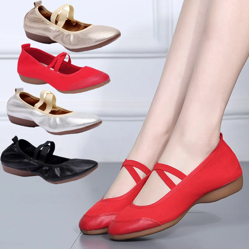 Shoes for Square Dance Dance Shoes Flat Heel Soft Bottom Canvas Leather Tip Practice Shoes Teachers' Shoes Latin Dance Shoes