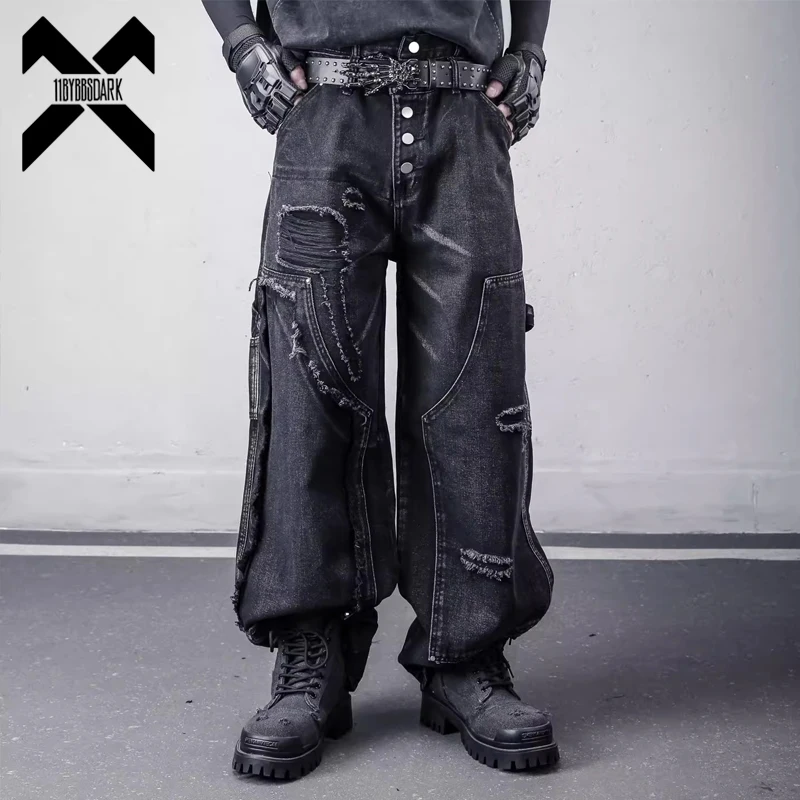 

Винтажные рваные джинсы в стиле гранж и хип-хоп, свободные широкие брюки-карго, мужские джинсовые брюки с эффектом потертости