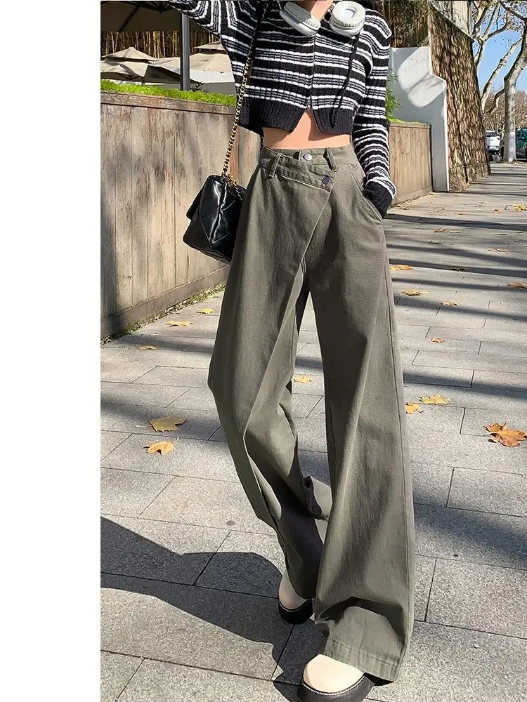 Irregular High-Waisted Gray-Green Jeans For Women With Slim Waistband Design And Versatile Wide-Leg Floor-Length Trousers