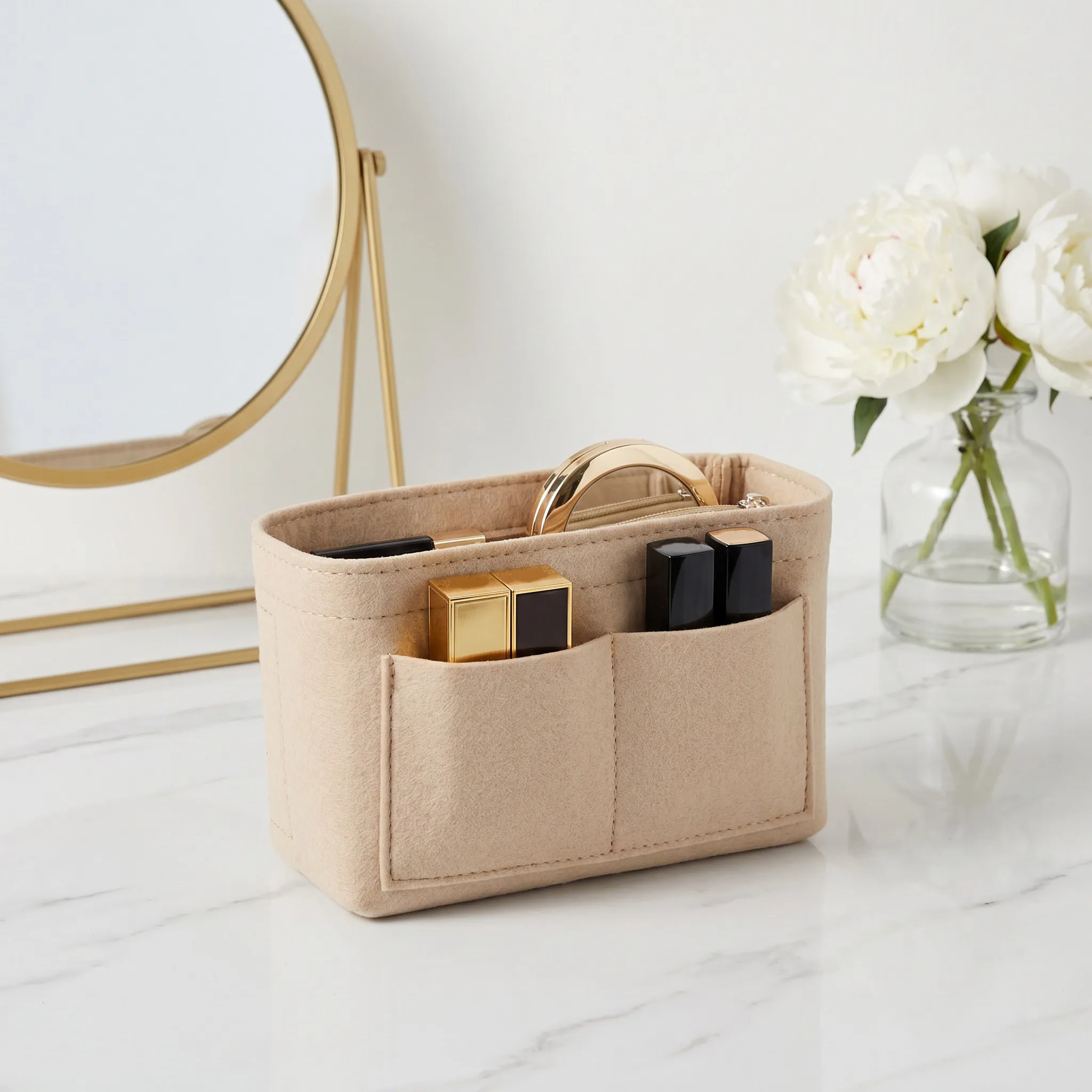 Felt Purse Organizer Insert Beige Makeup Bag Liner Structured Tote Bag Zipper Pouch Organizer for Commuting Travel Daily