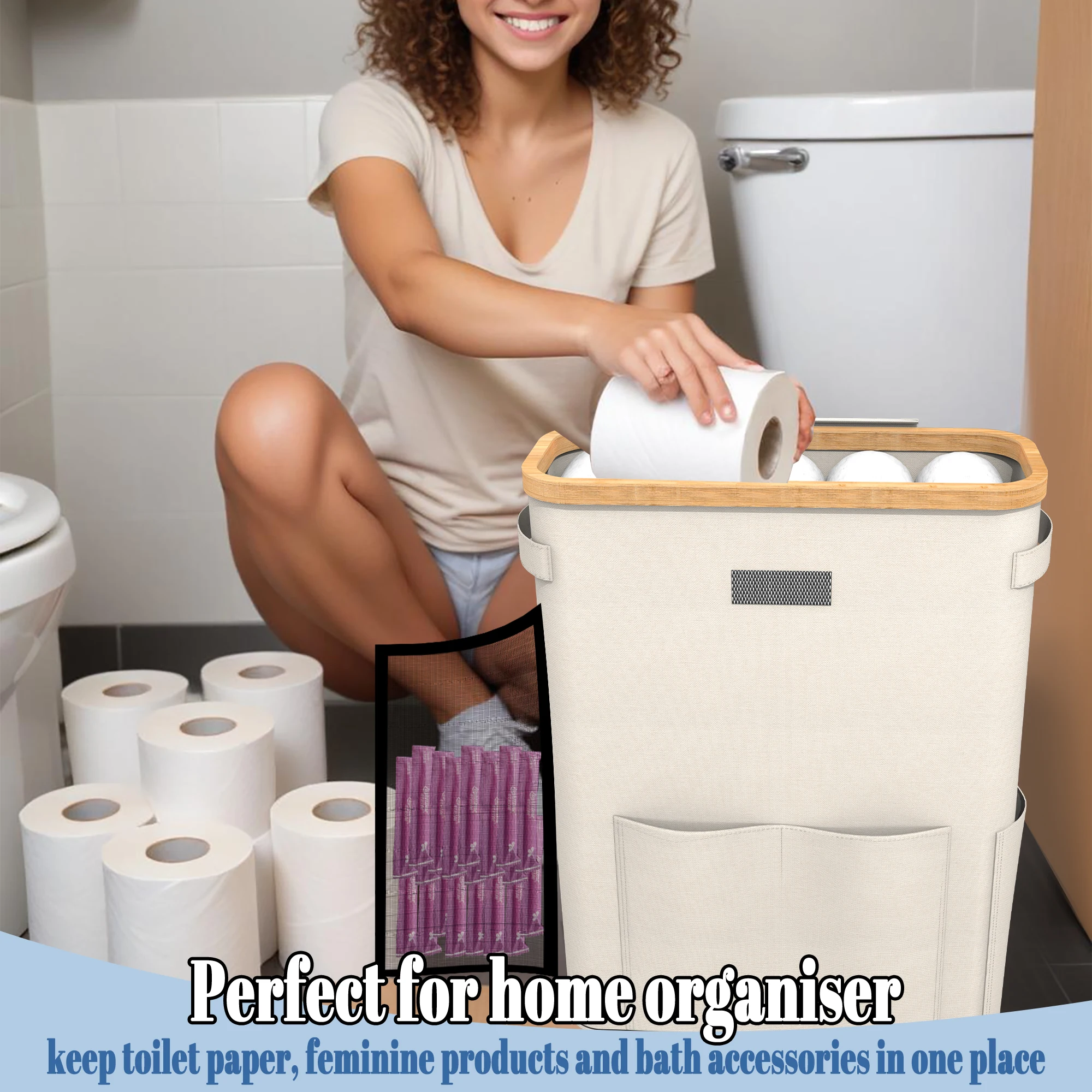 

40L Toilet Paper Storage Box with Dustproof Lid Foldable Storage Basket Bathroom Kitchen Home Recreation Vehicle Organizer