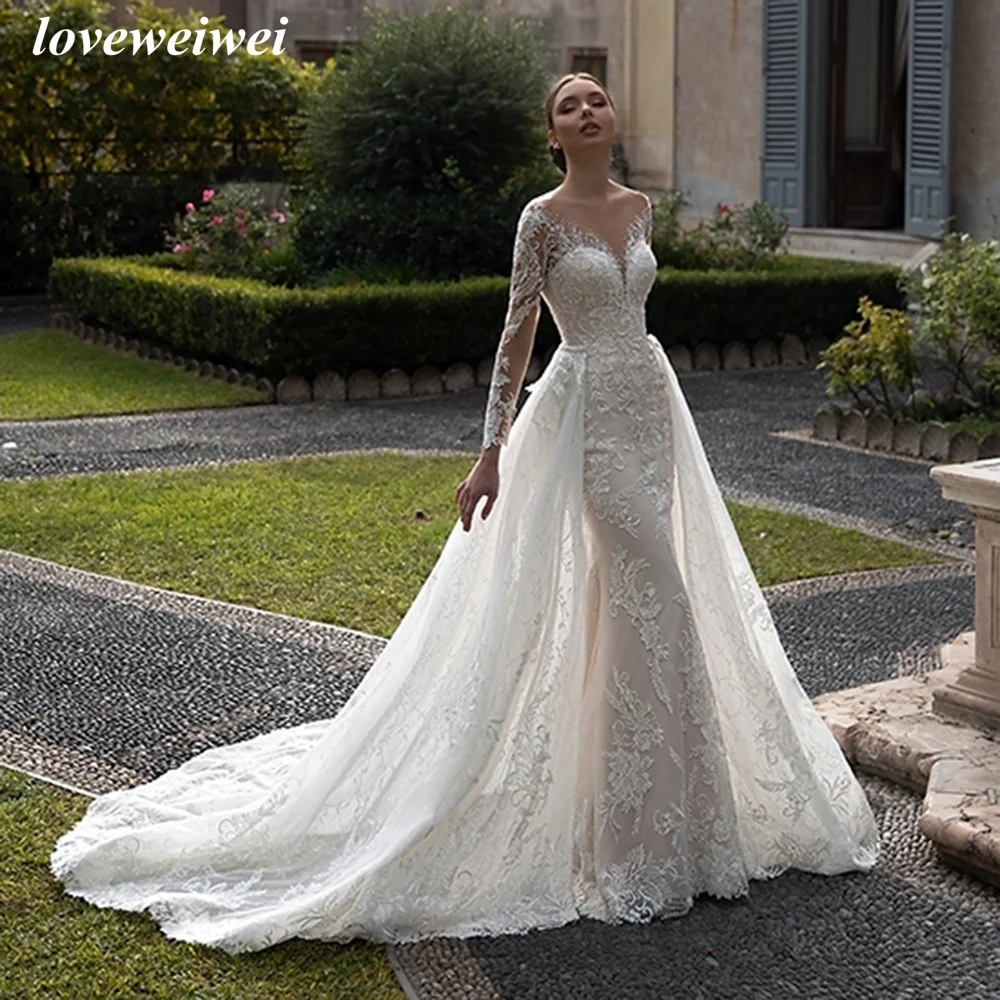 

Loveweiwei Elegant Ivory Illusion Scoop Neckline Mermaid Appliques Wedding Dress New Arrival Detachable A-Line Skirt Bridal Gown