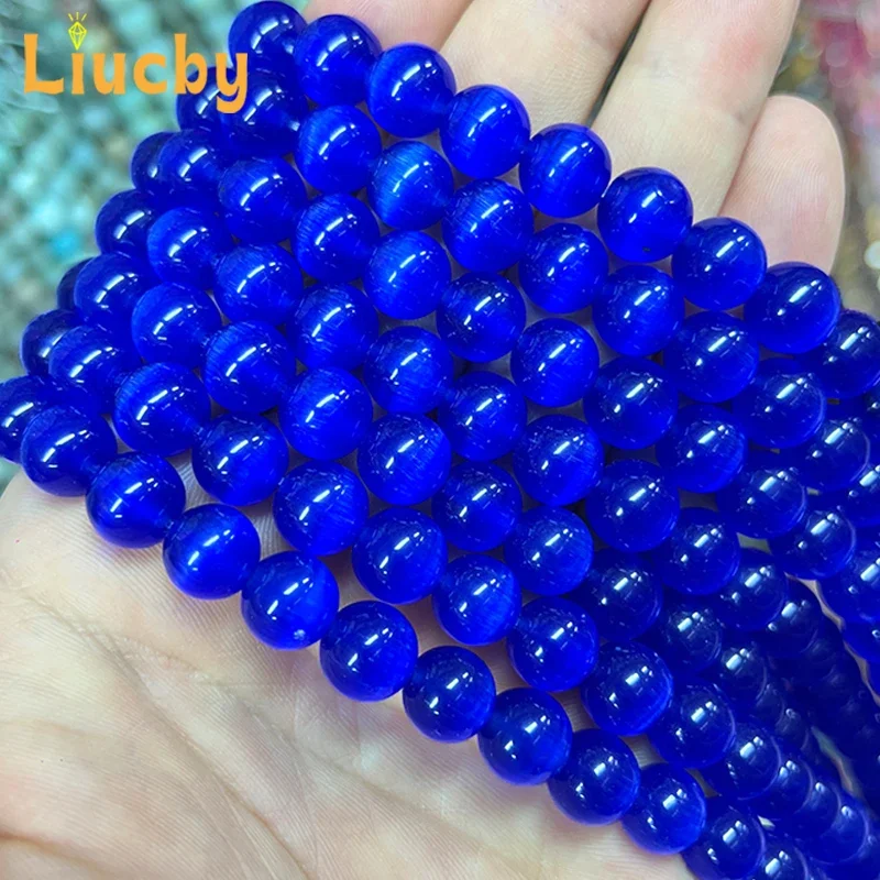 Lapislazuli-blaue, runde Perlen im „Katzenaugen“-Design, aus Naturstein, handgefertigt, zum Selbermachen von Schmuck, zum Beispiel für Armbänder, 15 Zoll lang, in den Größen 4/6/8/10/12 mm. – Detail 5