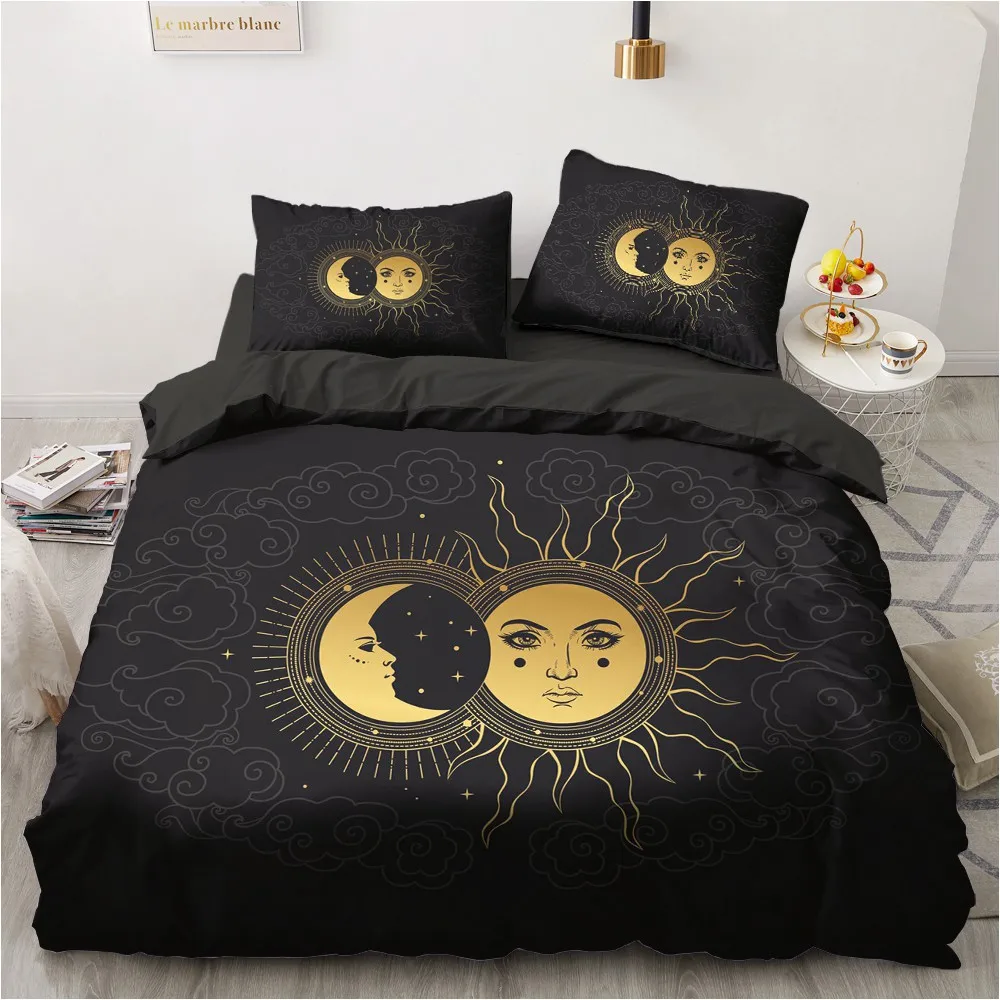 3D Black Bedding Sets Duvet/Quilt/Comforter Cover Set Bed Linen Pillowcase King Queen 245x210cm Size Only Gold Design Printed