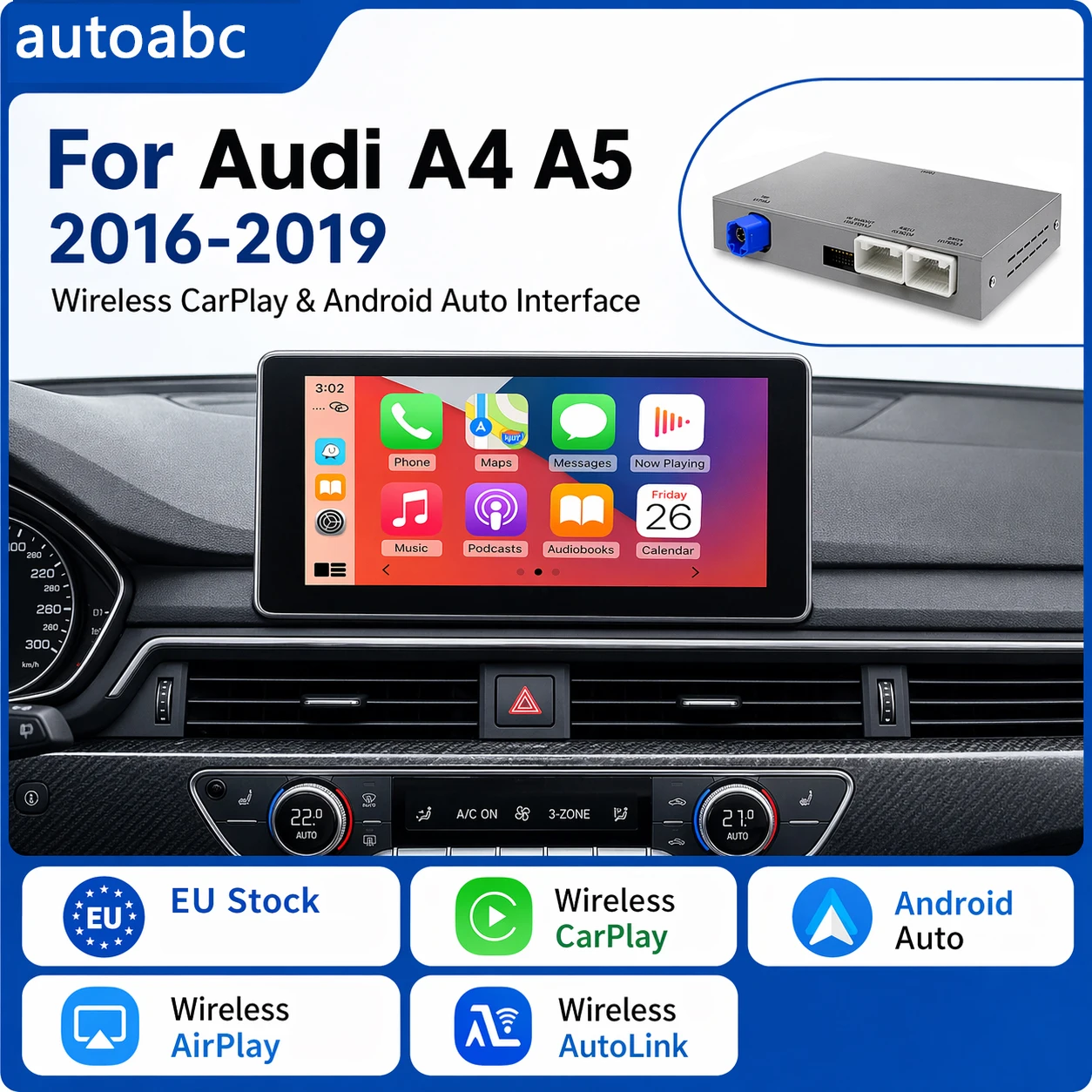 Kabelloser CarPlay Decoder Box für Audi A4 B9 A5 Q7 2016-2019 Android Auto Mirror Link AirPlay Interface Upgrade Multim BT GPS