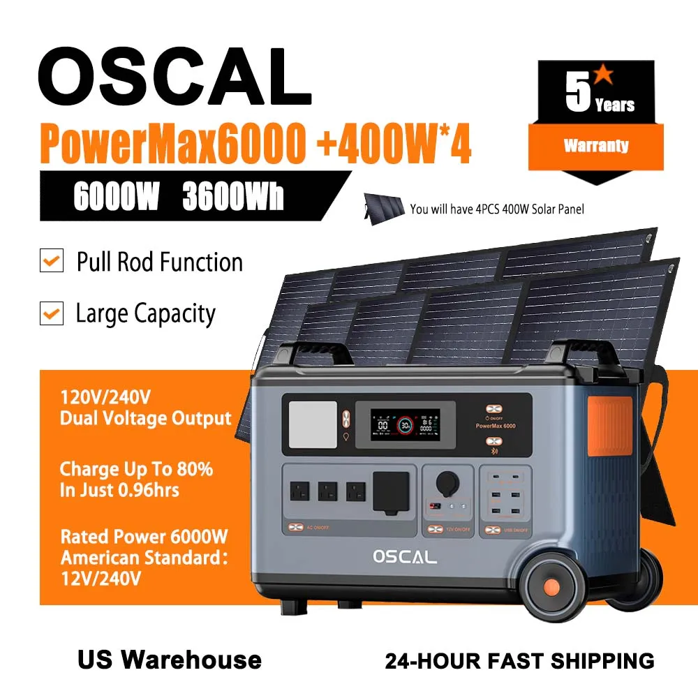 

OSCAL 3600WH Солнечный генератор LifePO4 Батарея Аварийный источник питания Несколько выходных интерфейсов Пара с 4 солнечной панелью для автофургона