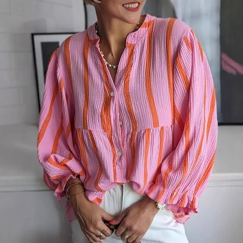 

Сексуальная рубашка с v-образным вырезом и пуговицами, женская повседневная свободная блузка с пышными рукавами, весенняя мода, полосатые топы с принтом, уличные топы