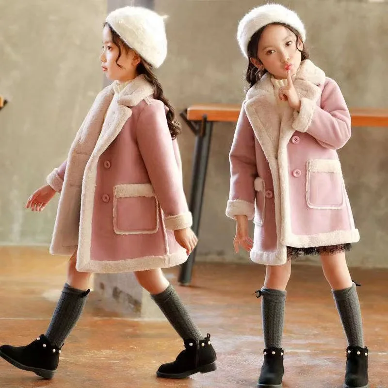 Children's clothing Girls' fashion double-breasted jacket Autumn and winter middle-aged and older mink velvet extended coat