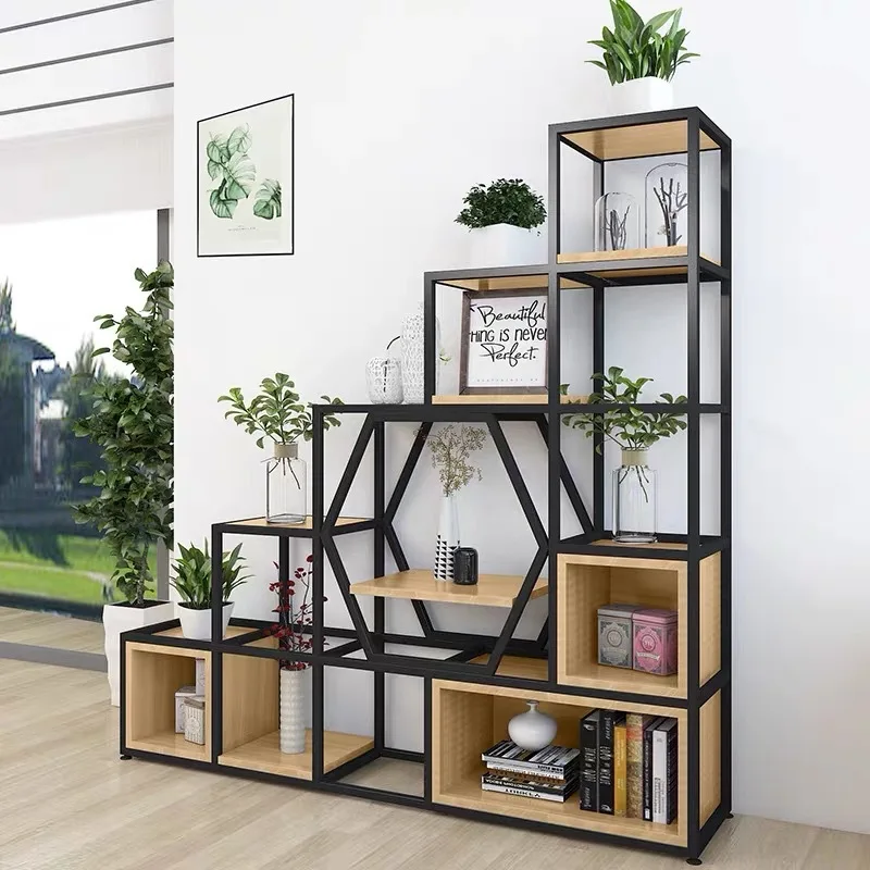 Office wrought iron floor screen partition living room combination retro trapezoidal lattice shelf solid wood display stand