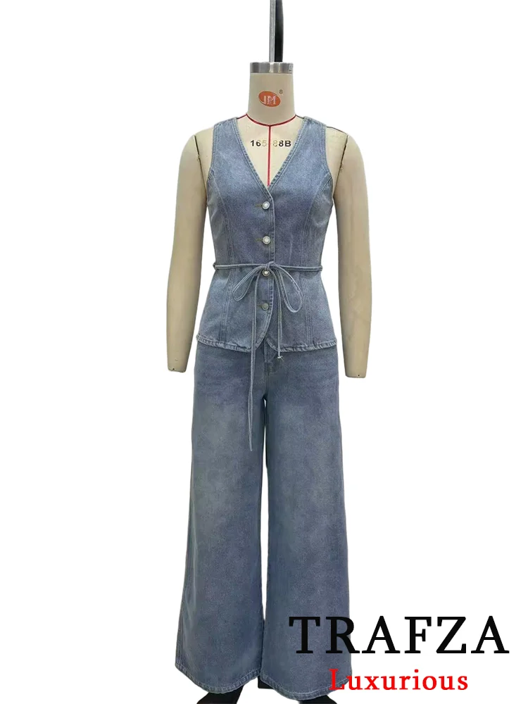 

TRAFZA Vintage Casual Chic Women Solid Suit V-Neck Single Breasted Belt Vest Loose Long Pockets Pants Fashion 2025 Denim Suits