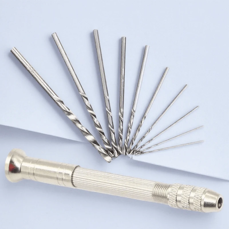 

11PCS SET Twist Bits Mini Aluminum Hand Drill Keyless Chuck Manual Drill for Amber Wood Ivory Horn Plastic Model Jewelry DIY