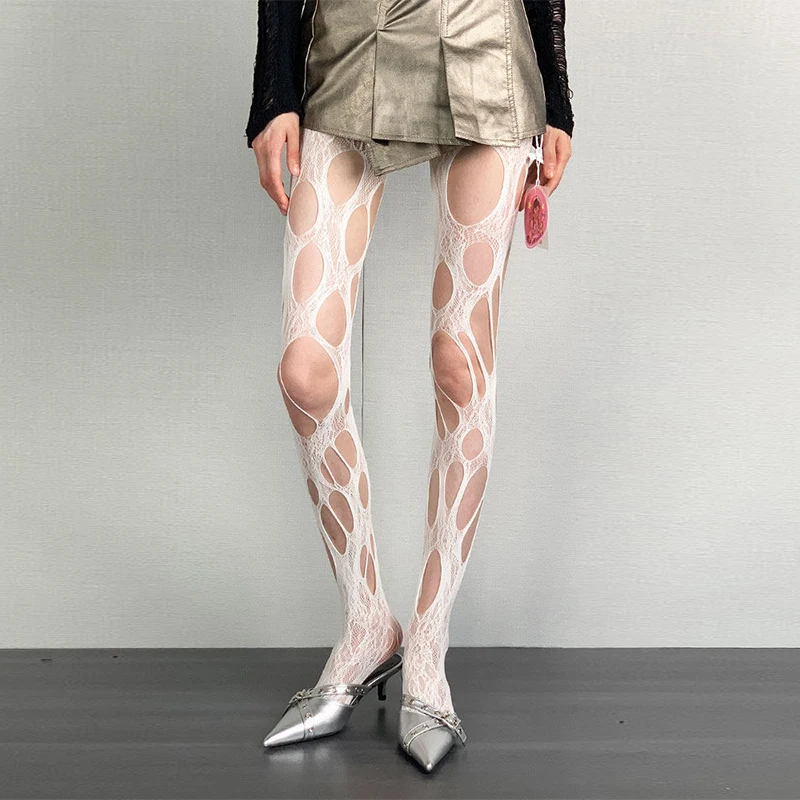 Ripped Rose-patterned Openwork Pantyhose Irregular Design Women Stockings