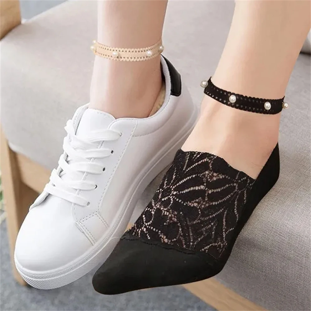 New Women's Summer Thin Lace Spliced Cotton Pearl Flower Mesh Boat Socks Soft Short Sokken Dropship