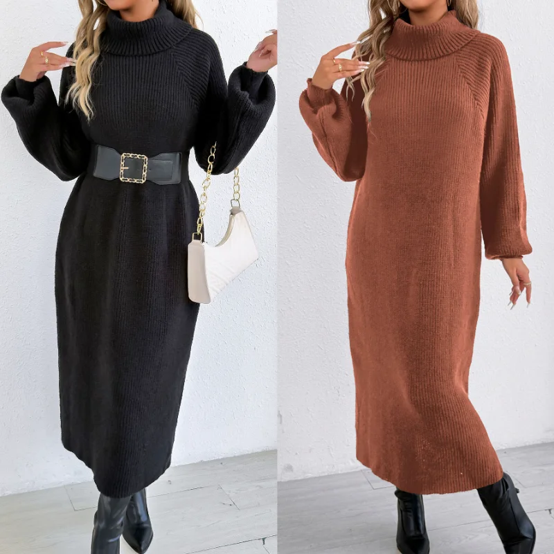 Women's Dress Loose Casual Long Skirt Autumn and Winter New High Collar Lapel Sweater Does Not Include Belt