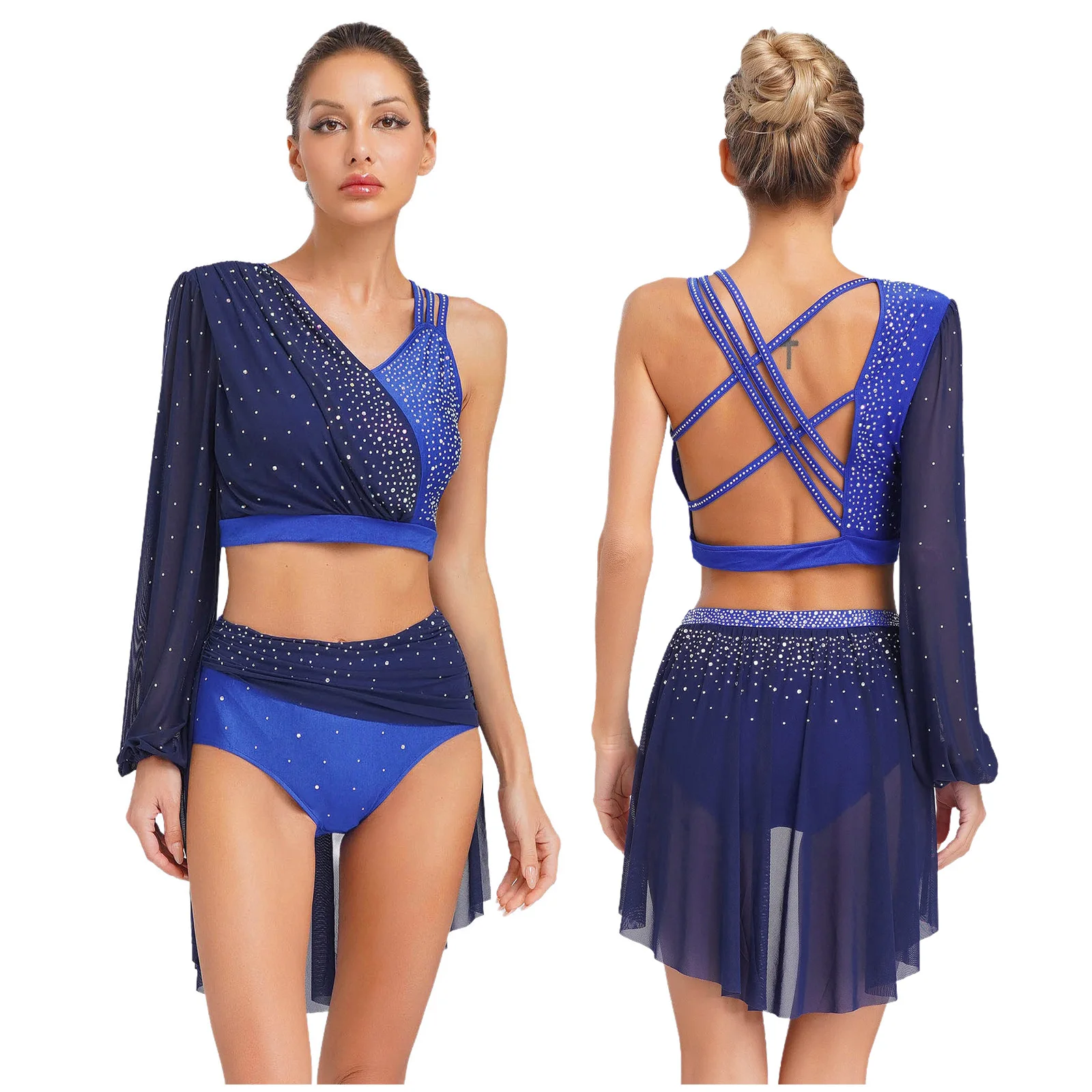 

Women Modern Lyrical Dance Costume Outfit Set Gymnastic Dancewear Rhinestones Backless Crop Top And Mesh Skirted Briefs Suit