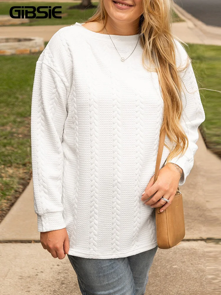 GIBSIE Plus Size Solid Color O-Neck Long Sleeve Pullovers Wanita 2025 Musim Gugur Baru Kasual Drop Shoulder Longgar Sweatshirt Atasan