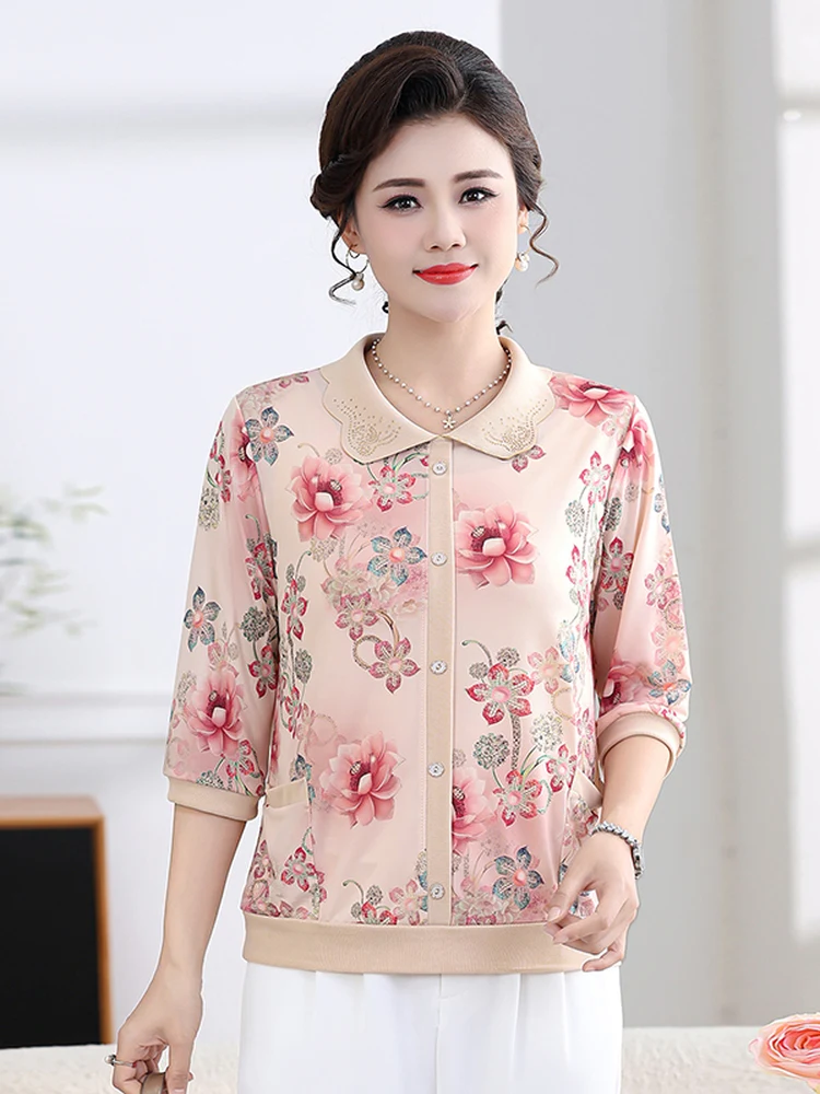 

Mom's New Mid-Sleeve Elastic Printed Knitwear Summer Top with Collar Polyester Fiber Loose Fit Breathable Plant Floral Pattern