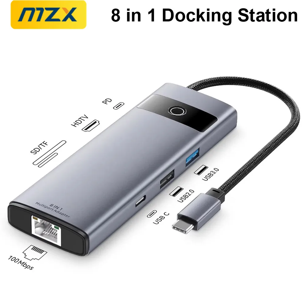 

MZX 8-in-1 USB C Docking Station Aluminum Alloy 3.0 2.0 4K HDMI-Compatible PD100W Multiport Type 3 0 Adapter RJ45 100M Dock Hubs