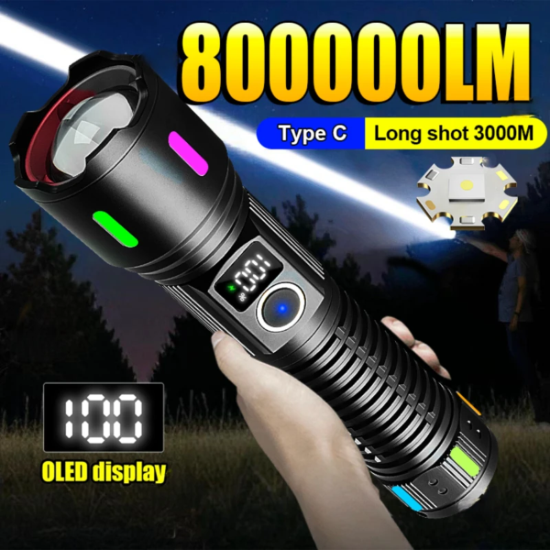 

800000LM Super Bright Flashlight OutdoorLong Shot 3000m Torch Rechargeable 18650 Flashlight Powerful LED Camping Hunting Lantren