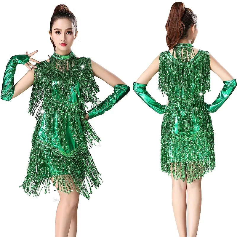 Latin Dance Skirt  Sequined Fringe Dress Stage Performance Costume Square Dance Costume Competition Costume