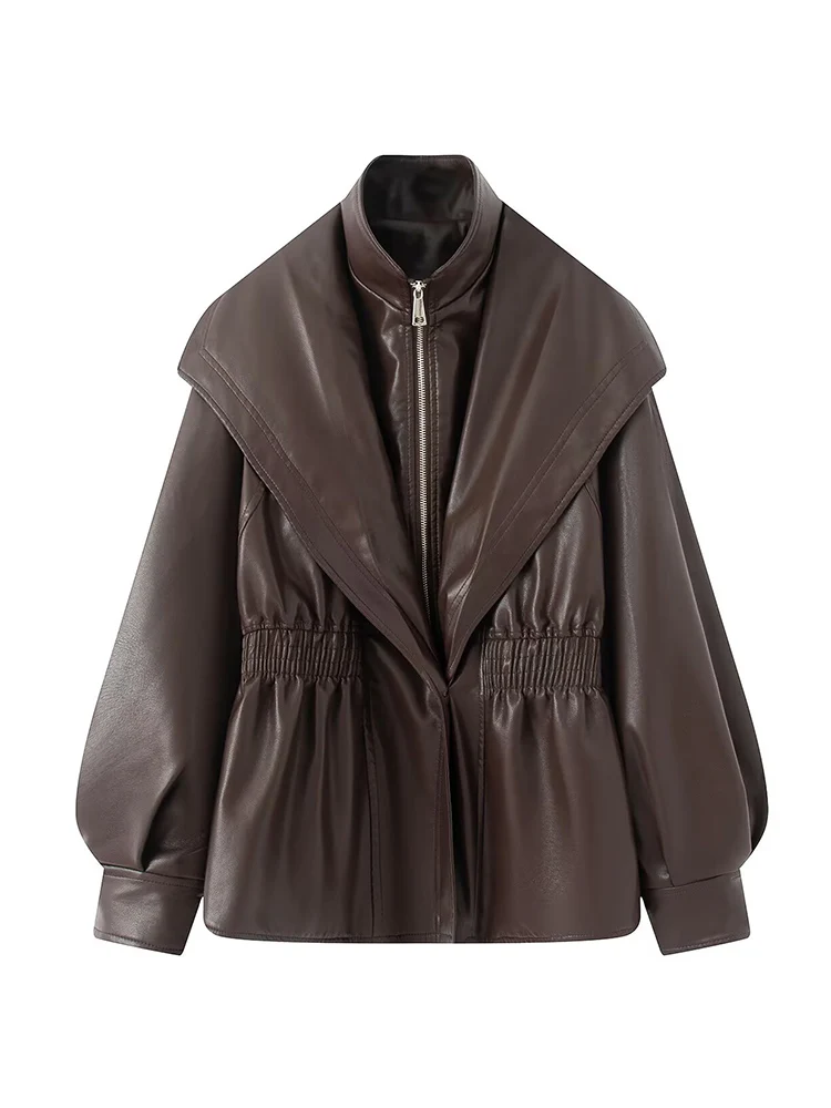 الخريف الشتاء المرأة عالية Colar بولي Leather سترة جلدية الرجعية فضفاضة الأكمام موضة سستة معطف شارع العليا مرونة الخصر الشارع الشهير
