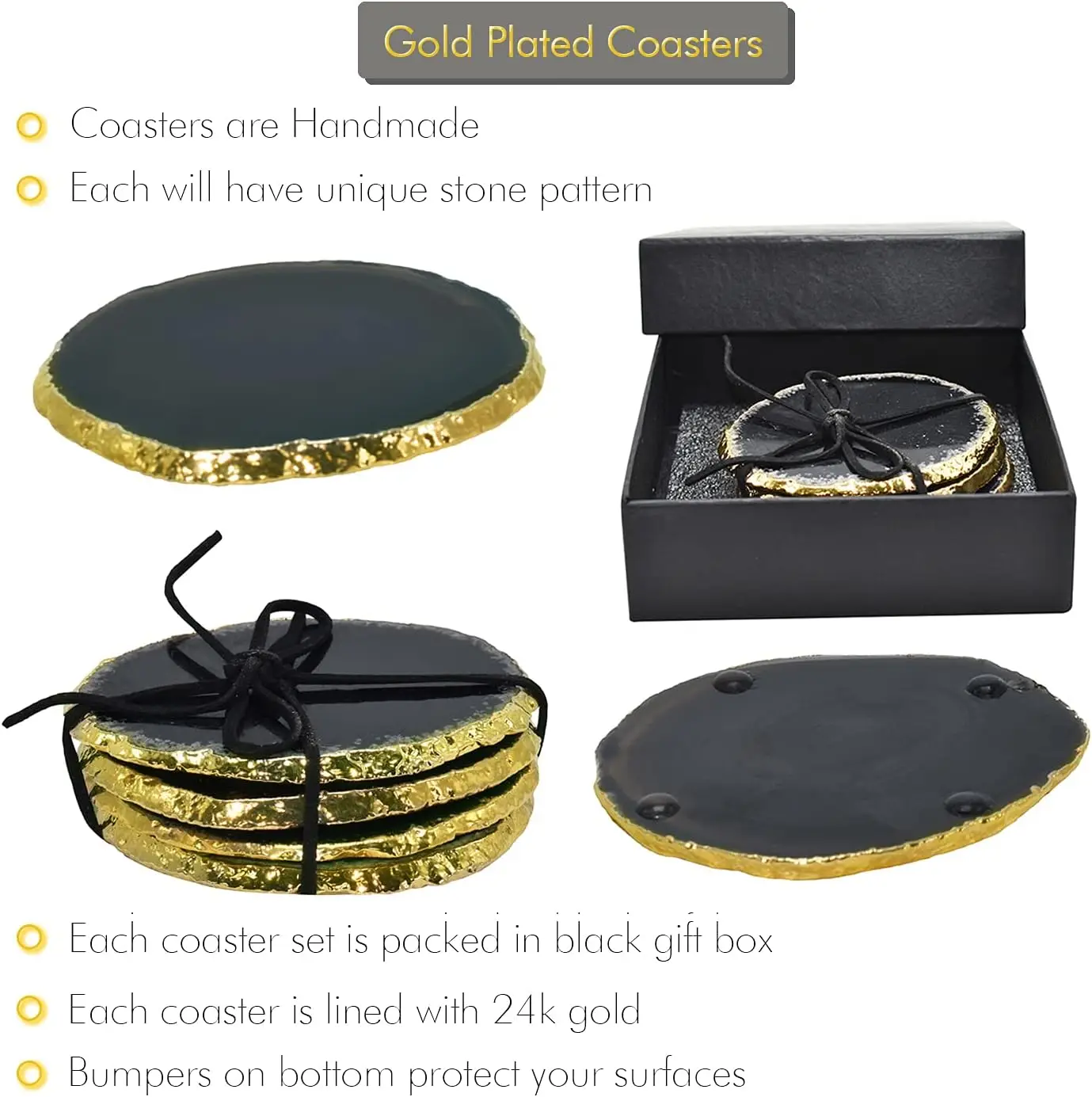 Nature'S Decorations Black Gold Rimmed Agate Stone Coasters - Set Of 4, Polished Geode Drink Mats For Dining & Coffee Table &