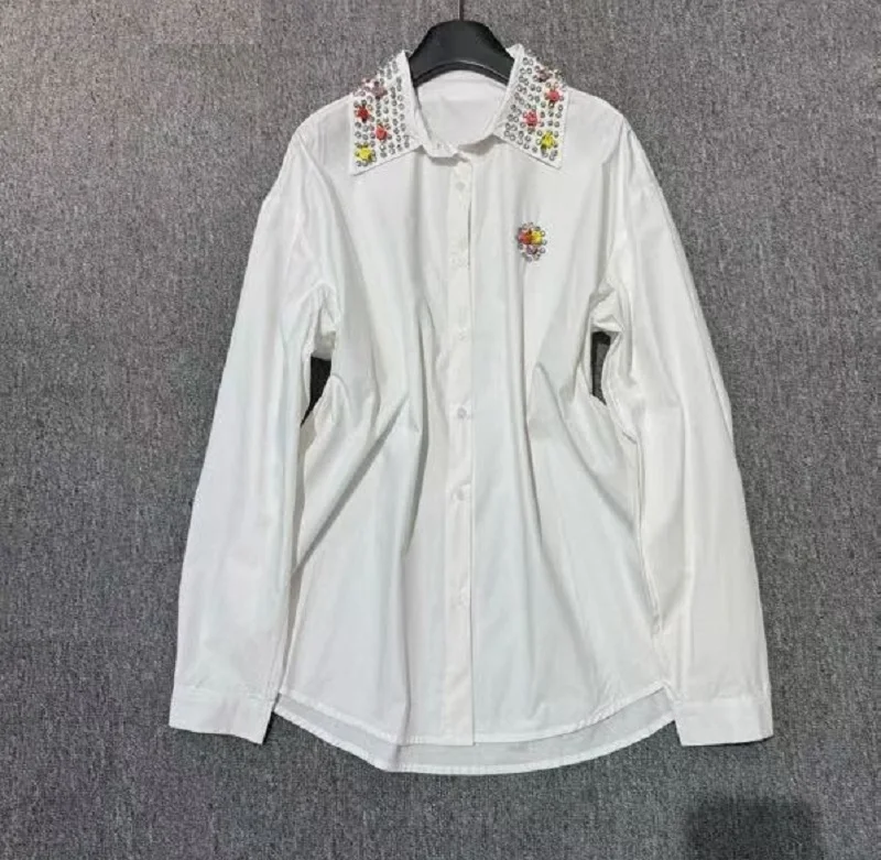 

High Quality New Shirts 2025 Autumn Style Women Turn-down Collar Crystal Beading Flower Deco Long Sleeve Casual White Shirts