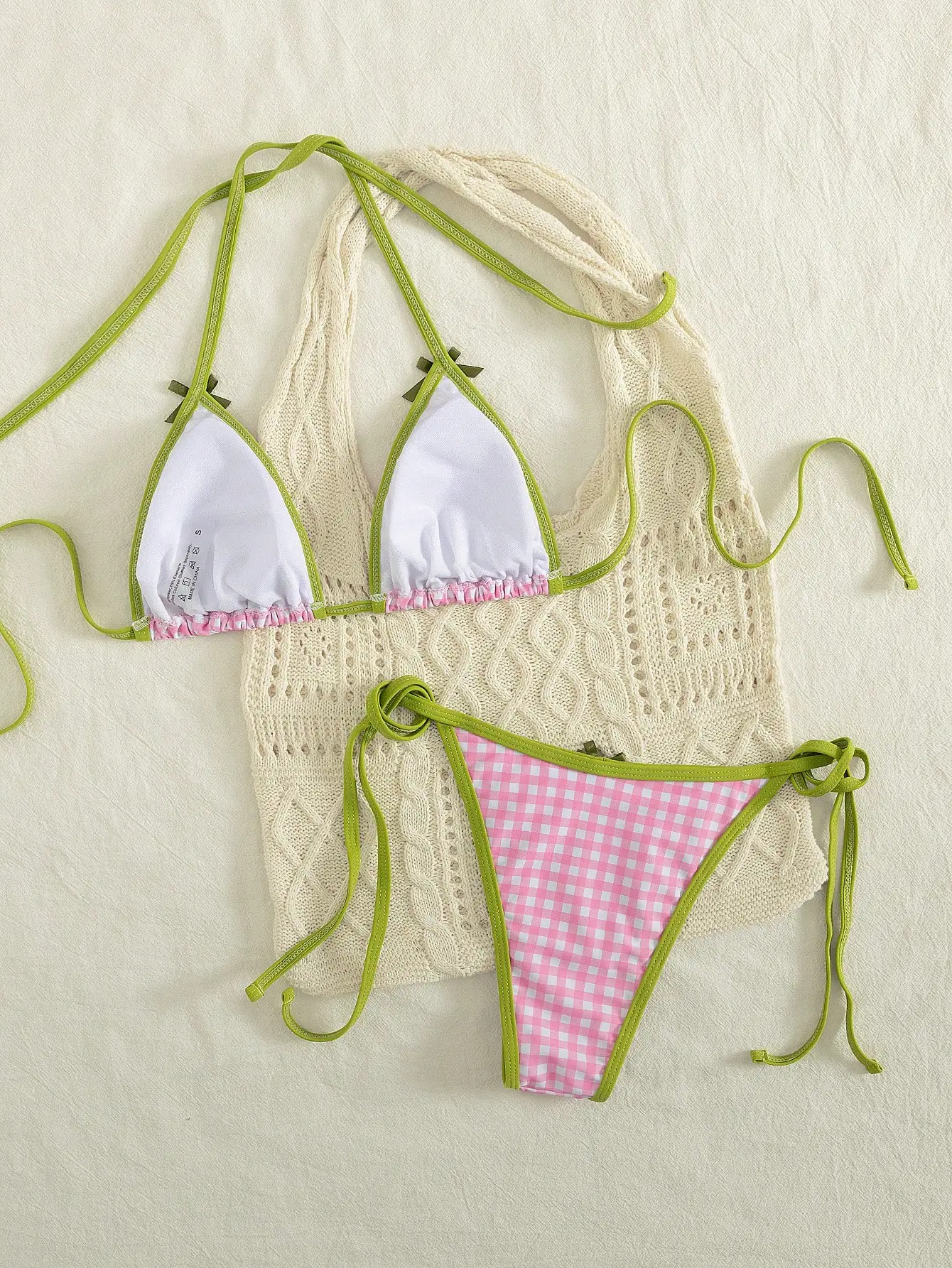 

Женский комплект бикини из 2 предметов с розовой клетчатой тканью и зеленой отделкой, пляжный купальник для отпуска